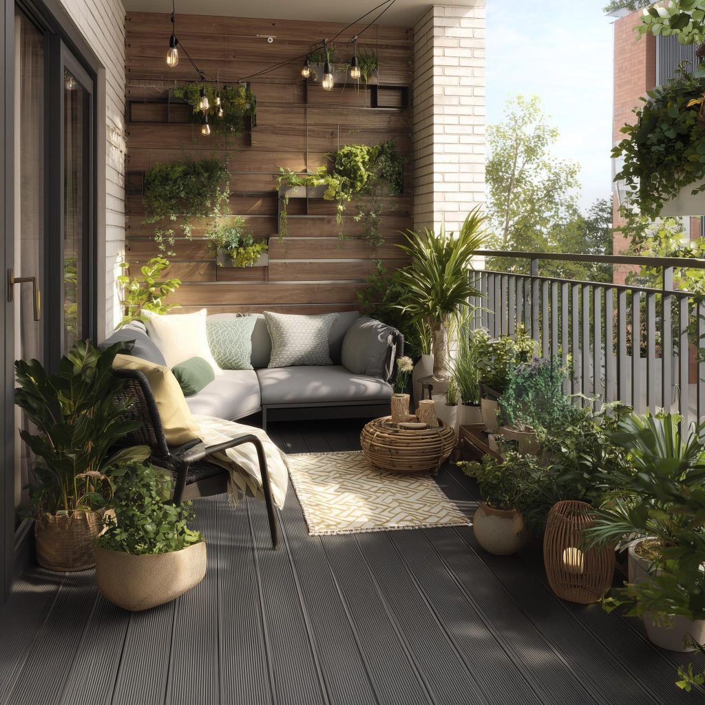 Wooden tiles for balcony wall create cosy green outdoor seating