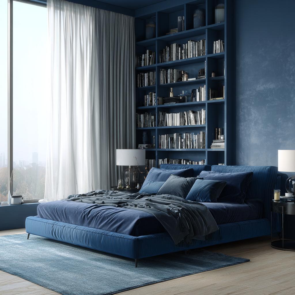 Monochromatic interior design bedroom in deep blue with built-in shelves and layered bedding