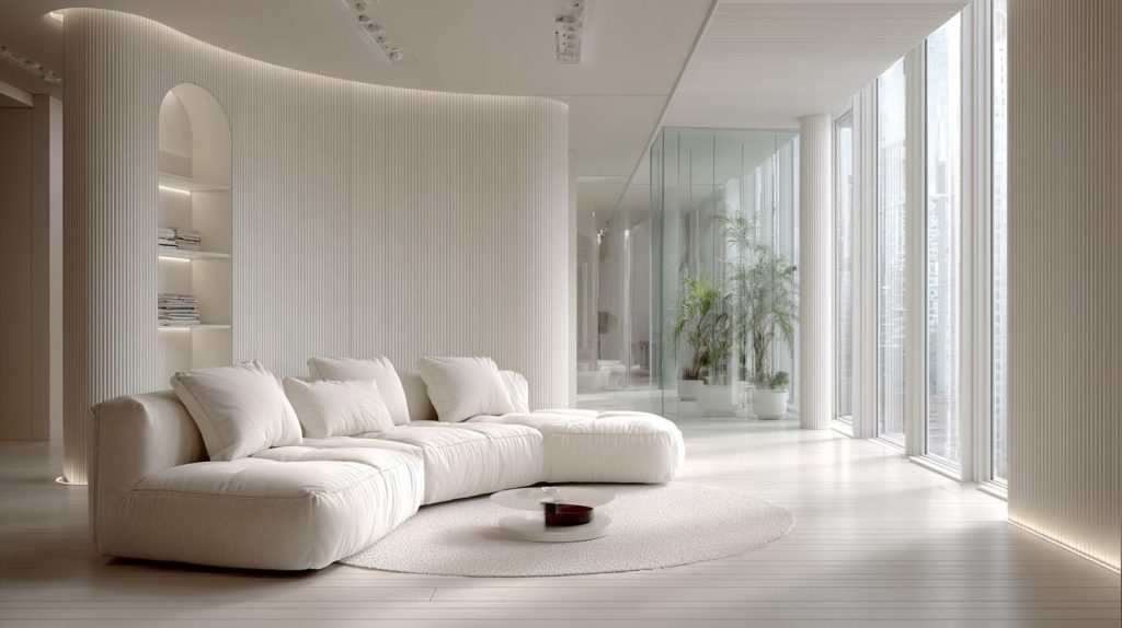 Monochromatic interior living room in soft white with curved sofa and floor-to-ceiling windows
