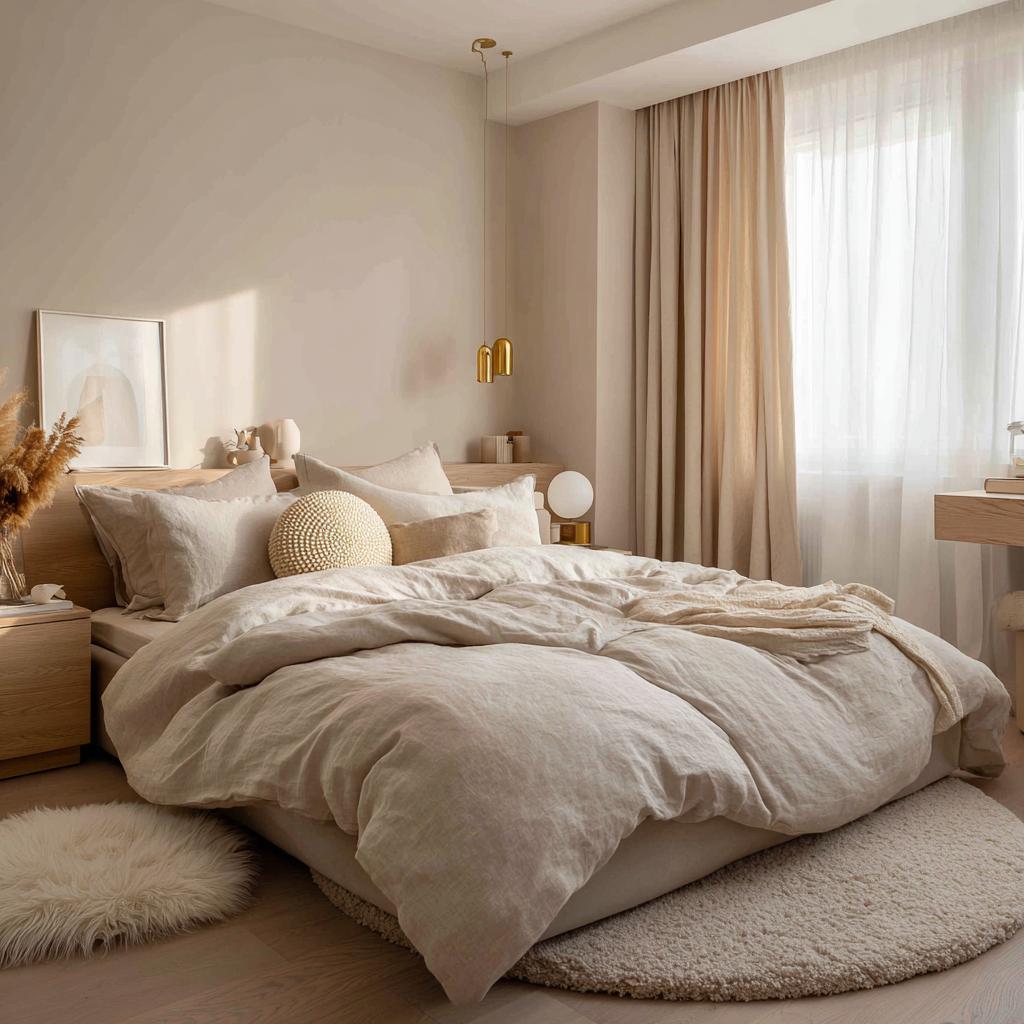 Monochromatic interior design bedroom in soft beige with layered linen bedding and warm lighting