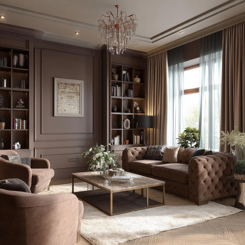 Monochromatic colour scheme interior design in brown with tufted sofas and warm lighting
