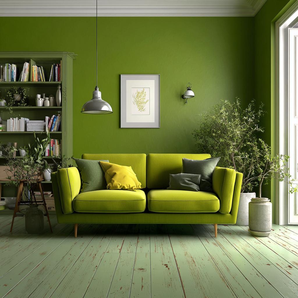 Vibrant monochromatic room design in green with sofa and botanical accents