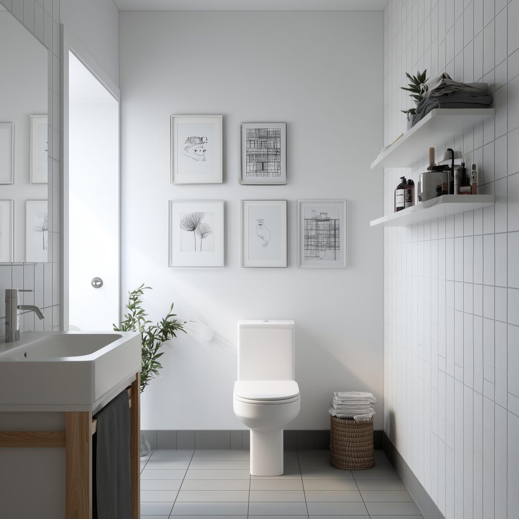 Small bathroom renovations with white tiles, floating shelves, and compact vanity