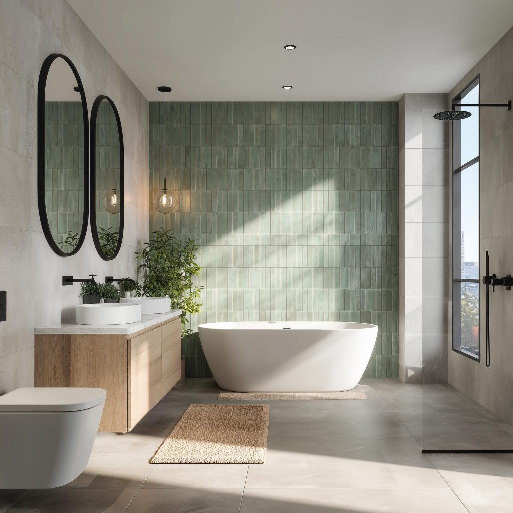 Bathroom tile renovation with green feature wall, freestanding tub and modern vanity
