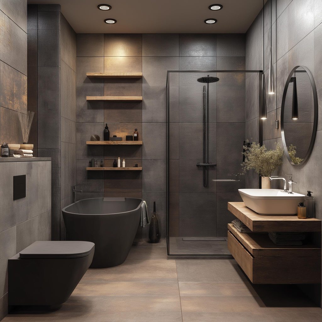 Modern bathroom renovations with dark tiles, freestanding tub and glass walk-in shower