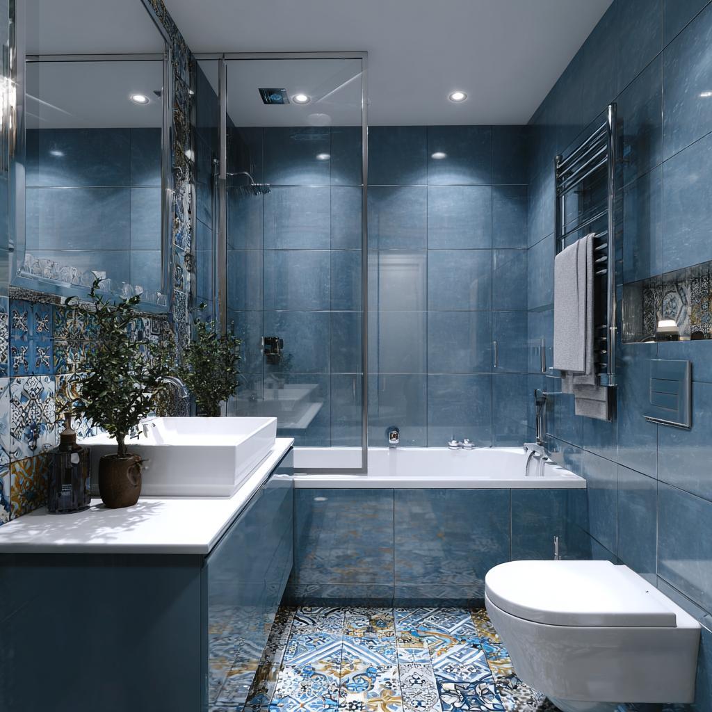 Modern bathroom renovations with blue tiles, glass shower, and patterned floor design