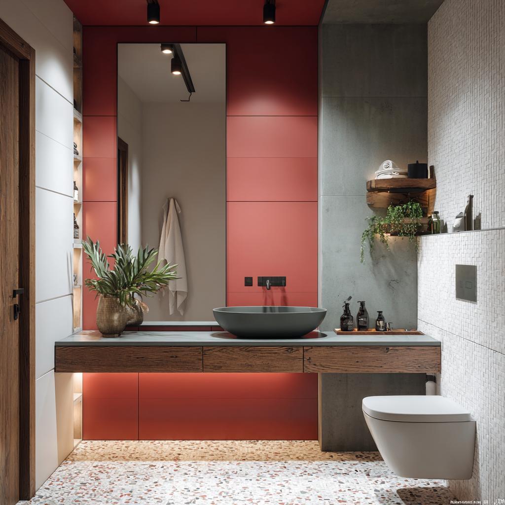 Modern bathroom renovations with bold red wall floating vanity and designer lighting