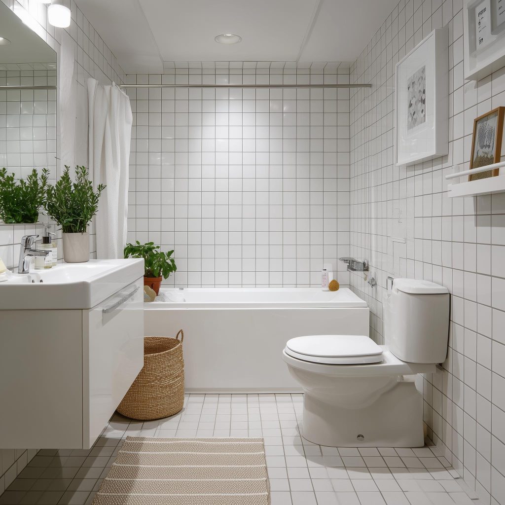 Small bathroom renovations with white tiles, compact vanity, and space-saving layout