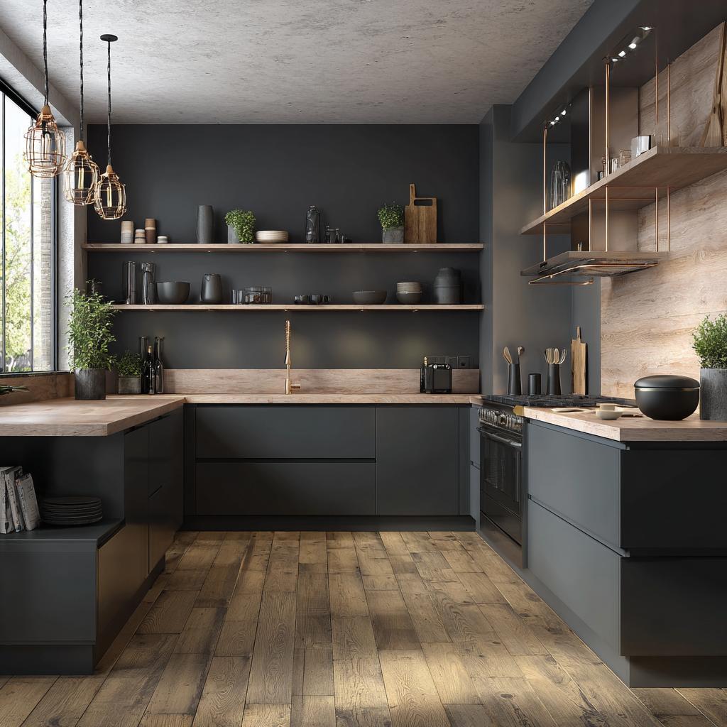 Modern grey kitchen colour combination with charcoal cabinets and wood accents