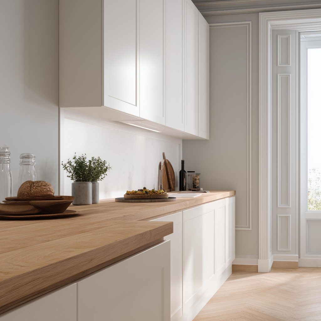 Elegant simple kitchen colour combination with white cabinets and light wood countertop
