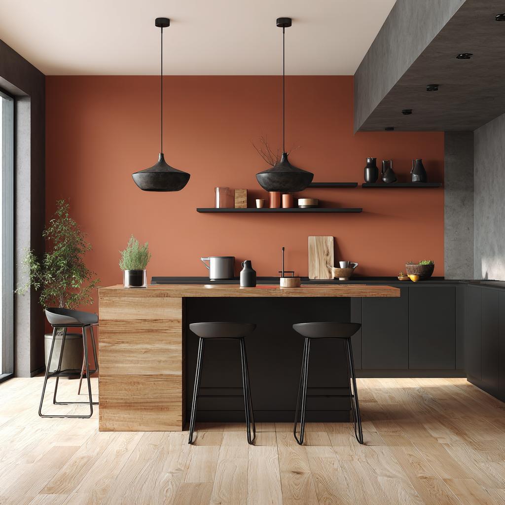 Latest kitchen colour combination with warm terracotta and wood