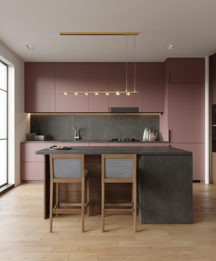 Elegant latest kitchen colour combination with mauve cabinets and dark stone island