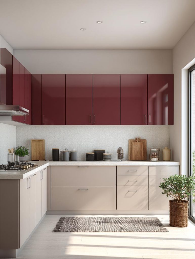 Elegant kitchen furniture colour combination with burgundy cabinets and beige base units