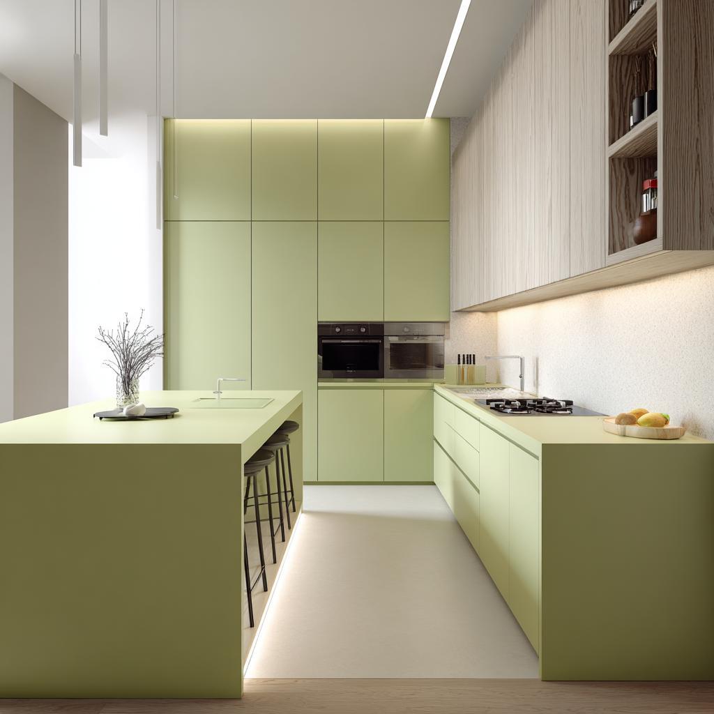 Stylish latest kitchen colour combination with pastel green cabinets and modern island