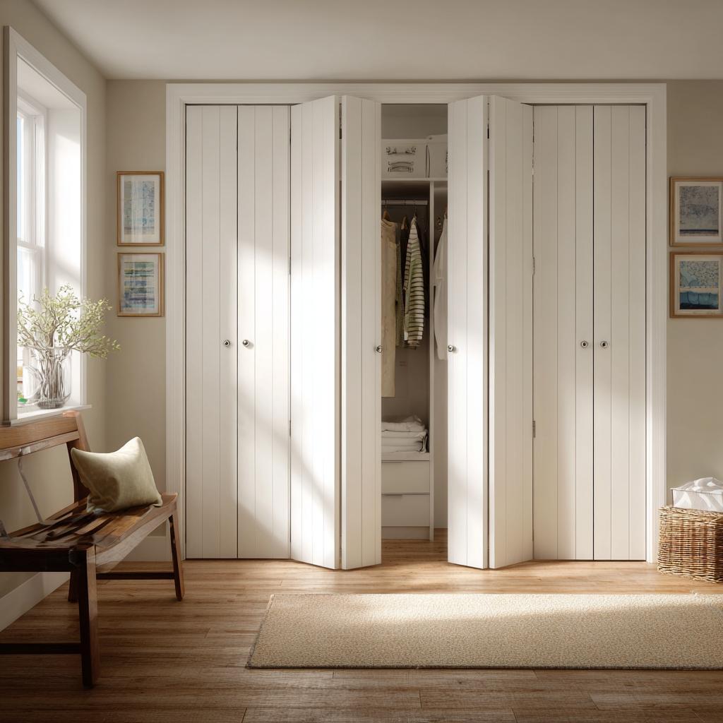Classic bi-fold door wardrobe in white finish with compact storage and paneled design