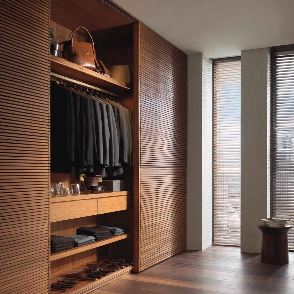 Sliding door wardrobe design with wooden slats and organized open storage