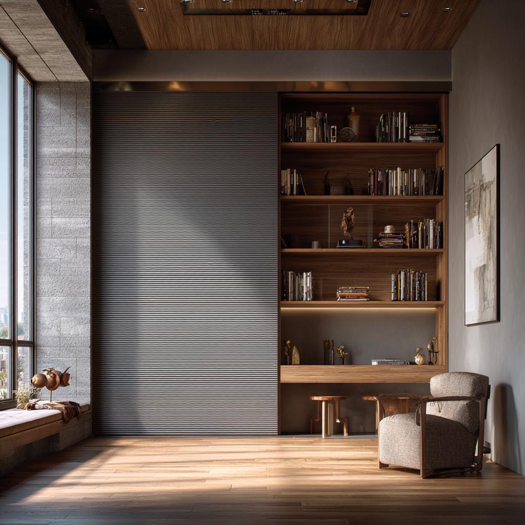 Modern tambour door wardrobe in sleek finish with roll up panel and modern built in shelving