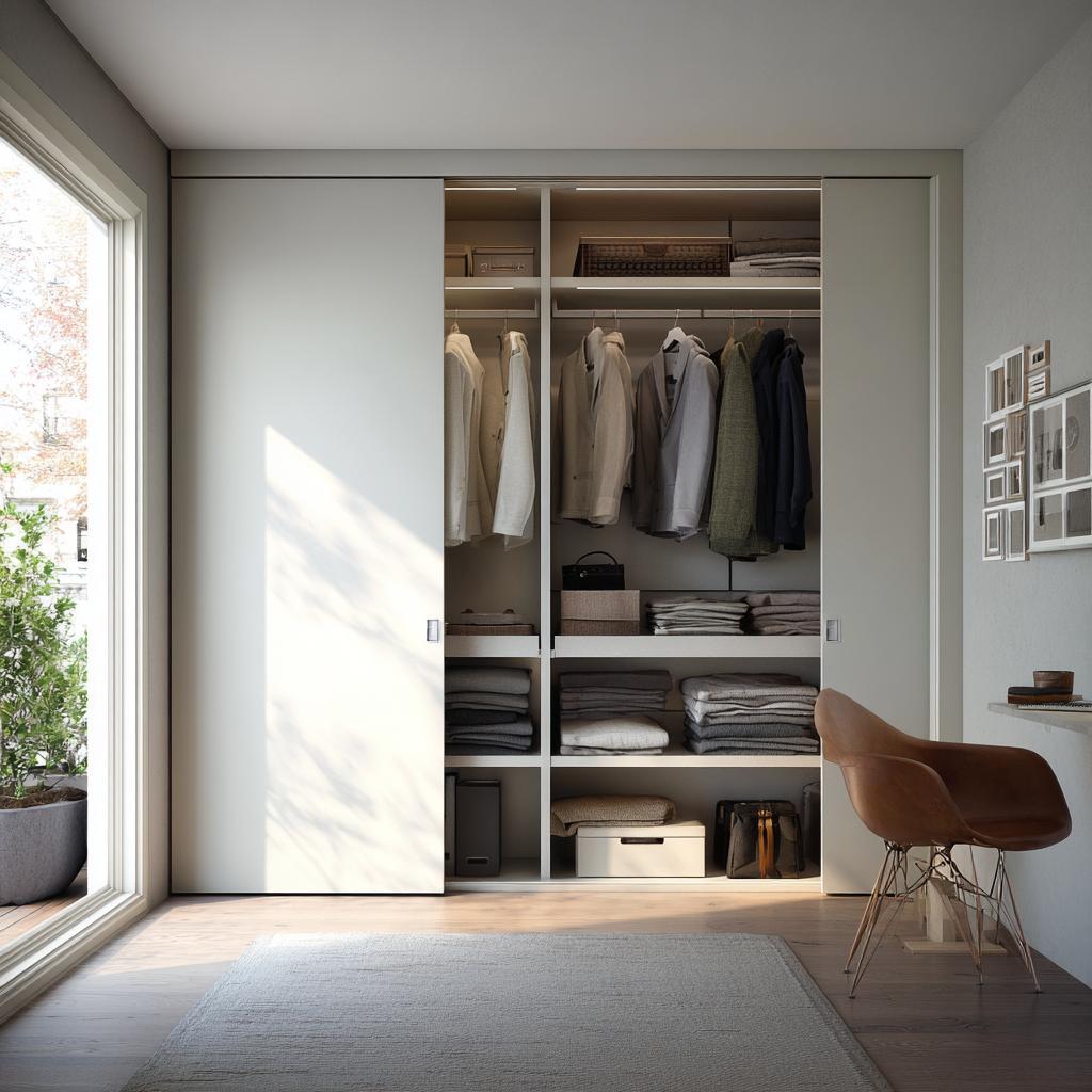 Sliding door wardrobe design in white finish with open shelving and smart storage