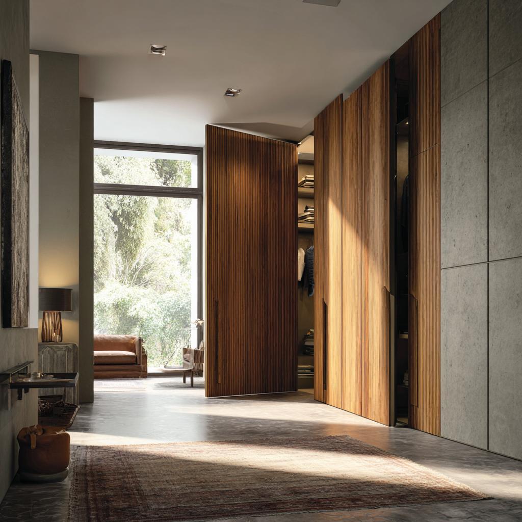 Pivot door wardrobe with vertical wooden panels opening to a modern walk-in closet in bedroom