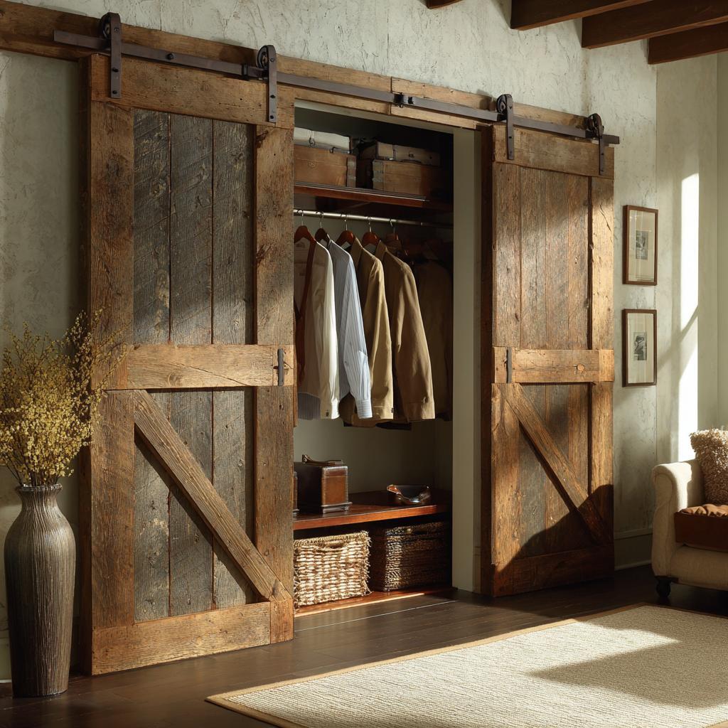Barn door wardrobe in rustic wood finish with sliding track and spacious interior