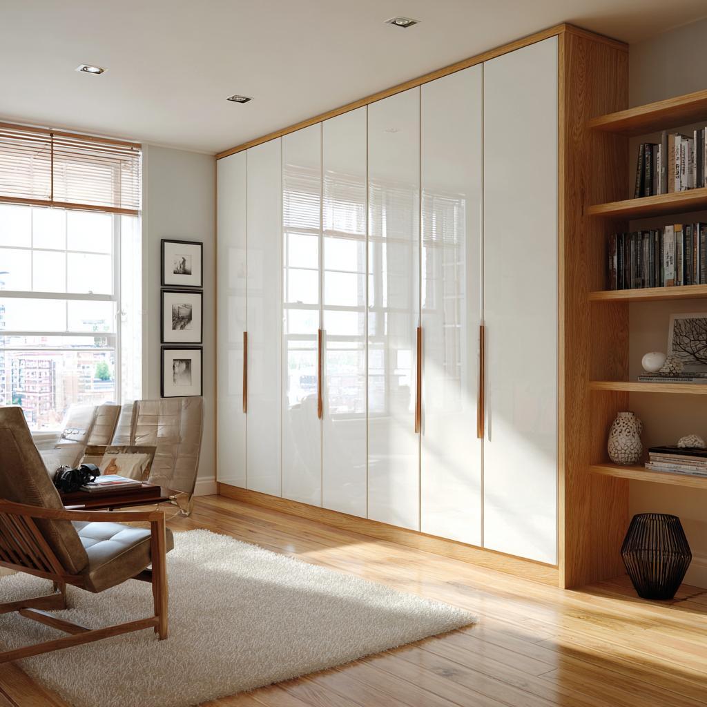 Elegant hinged wardrobe doors in glossy white finish with wooden frame and open shelving