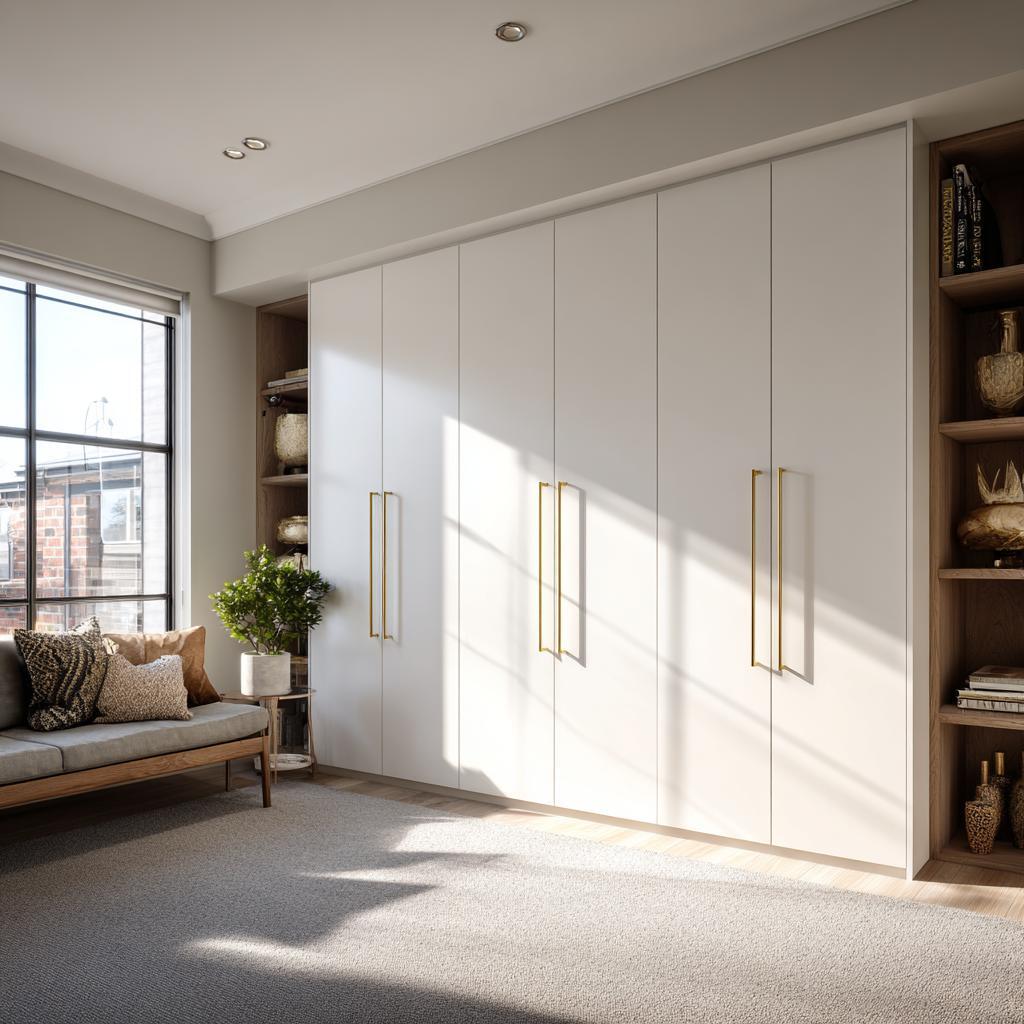 Hinged wardrobe doors in white finish with gold handles and built-in side shelving