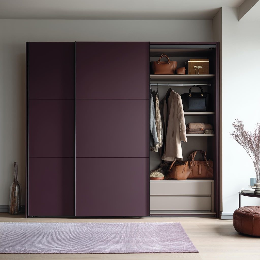 Modern sliding door wardrobe design in plum finish with organized shelves and drawers