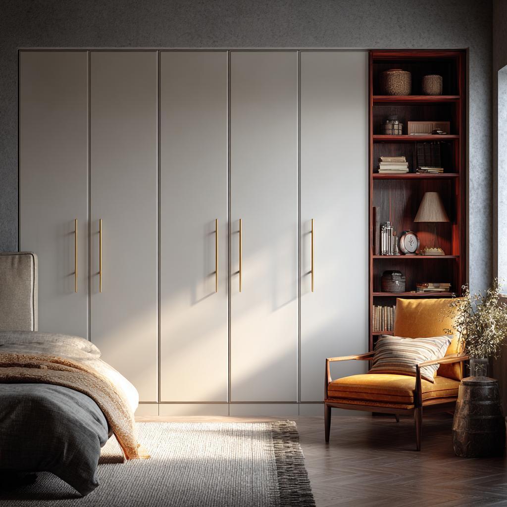 Hinged wardrobe doors in modern bedroom with sleek handles and built-in shelving