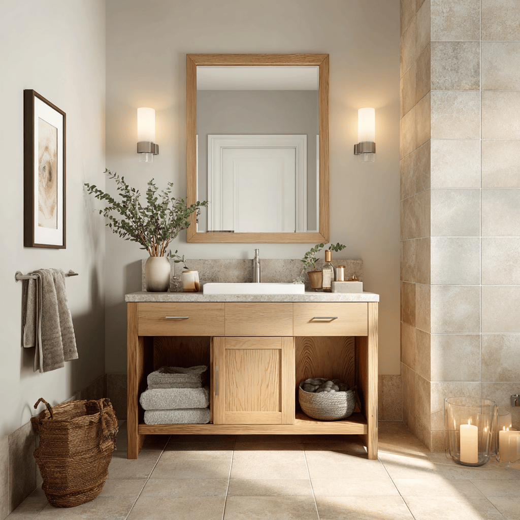 Elegant bathroom wood cabinet designs with open shelving and natural oak finish