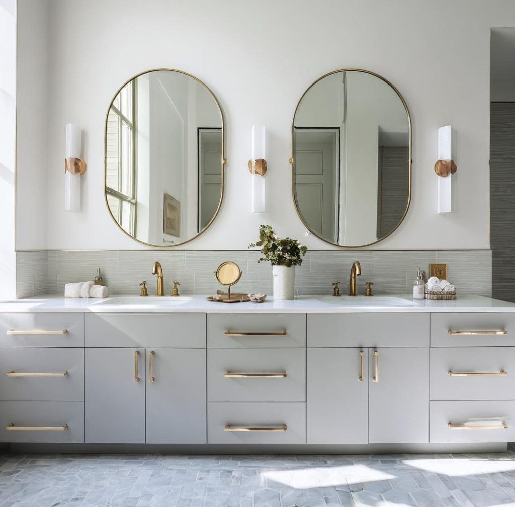 Elegant bathroom vanity cabinet designs with double sink and gold hardware accents