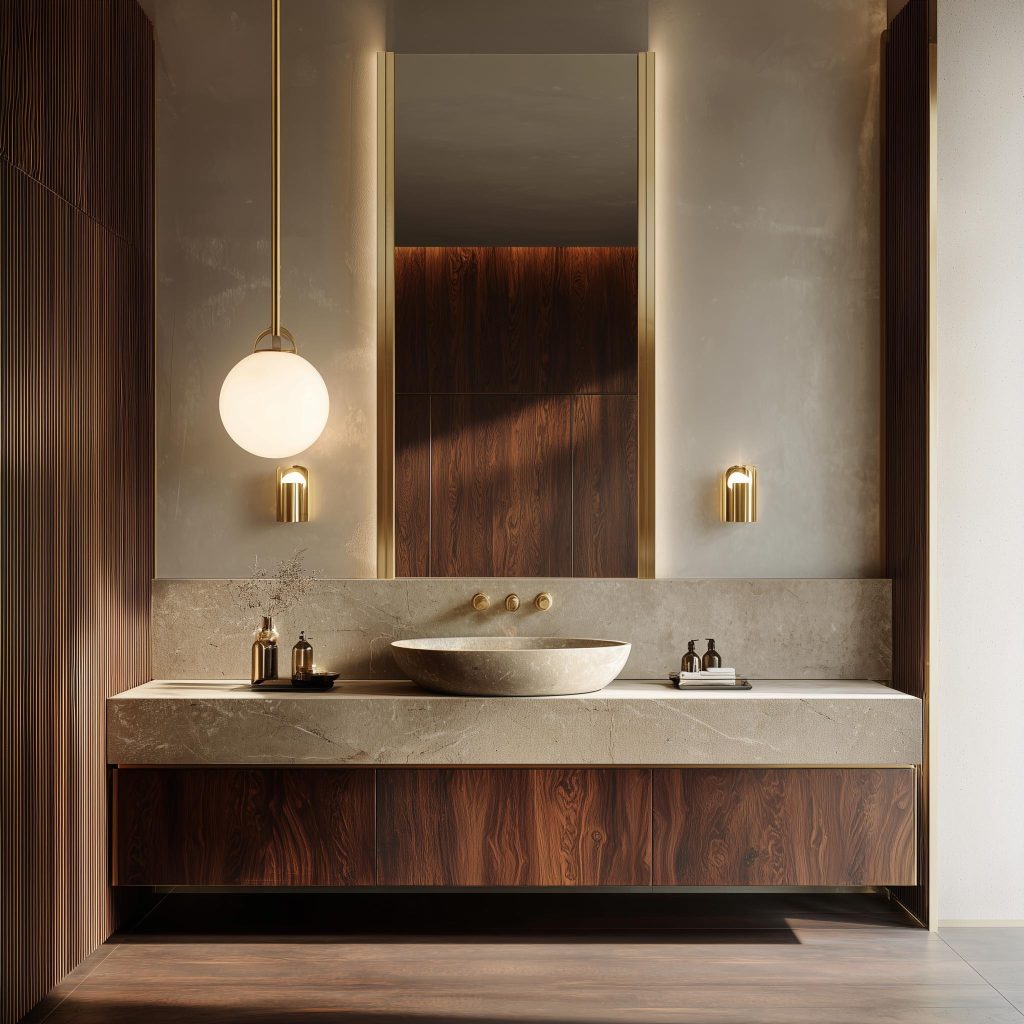 Luxury bathroom wood cabinet designs with stone basin and warm ambient lighting