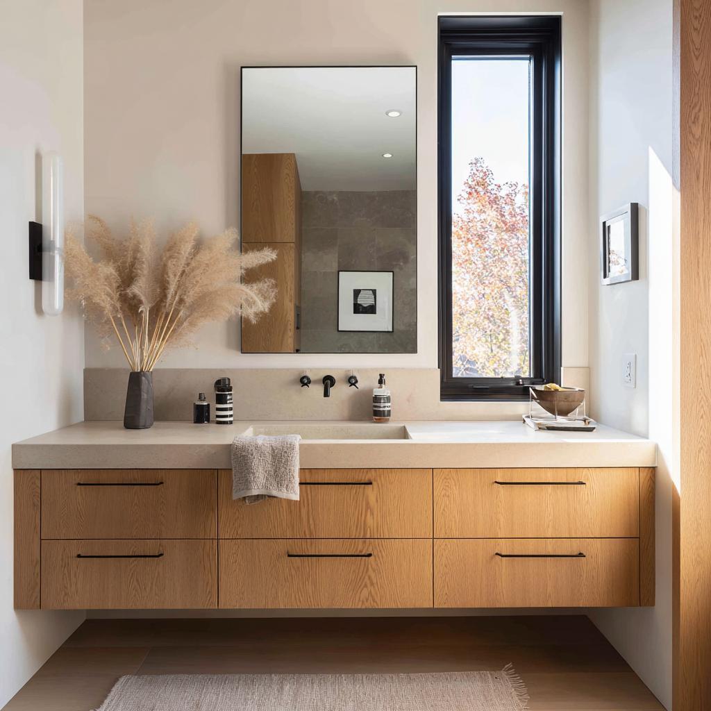 Elegant bathroom wood cabinet designs with floating vanity and modern single sink setup
