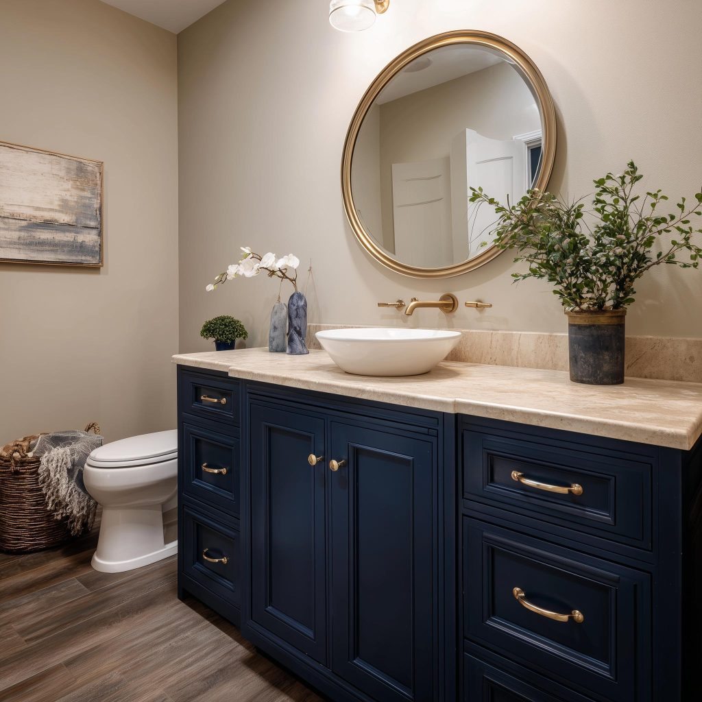 Elegant bathroom vanity cabinet designs with navy wood finish and round mirror above sink