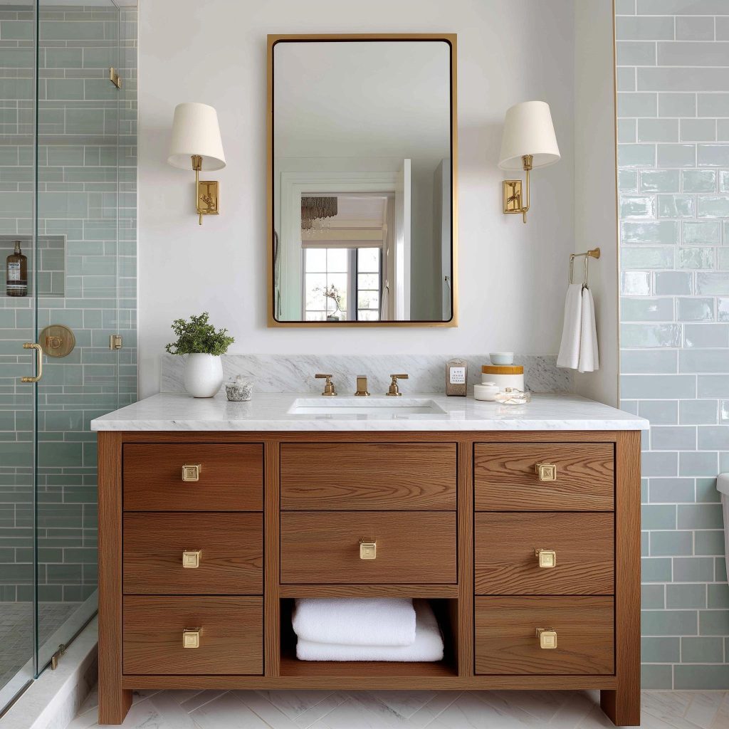 Elegant bathroom vanity cabinet designs with wooden drawers and marble countertop