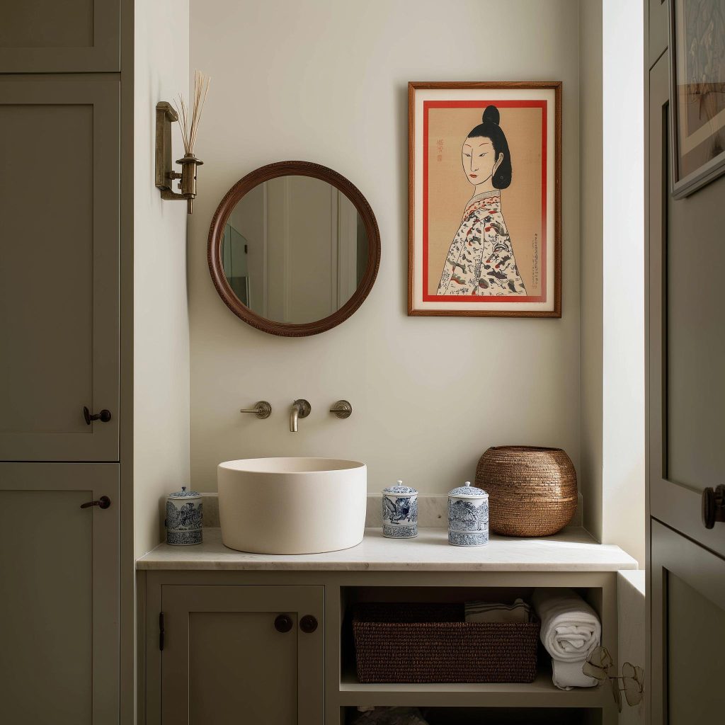 Elegant small bathroom cabinet designs with vessel sink and open shelf storage