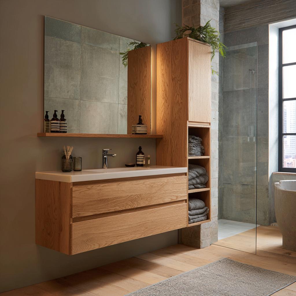 Elegant bathroom wood cabinet designs with floating vanity and tall storage unit