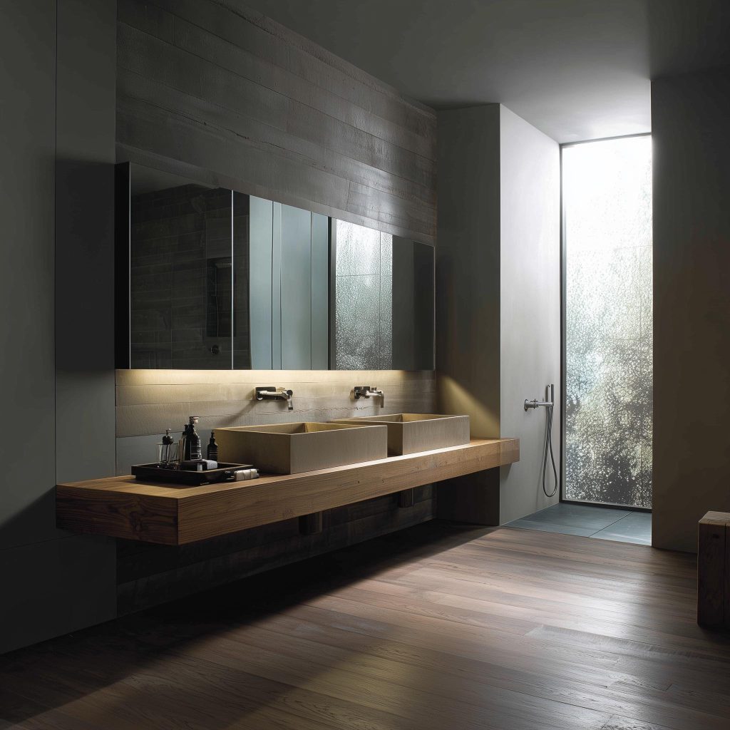 Modern bathroom sink cabinet designs with floating wood vanity and dual basin setup