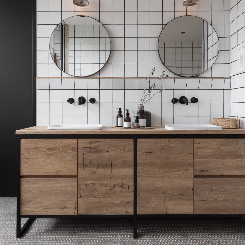 Modern bathroom sink cabinet designs with double vanity and round mirrors on tiled wall