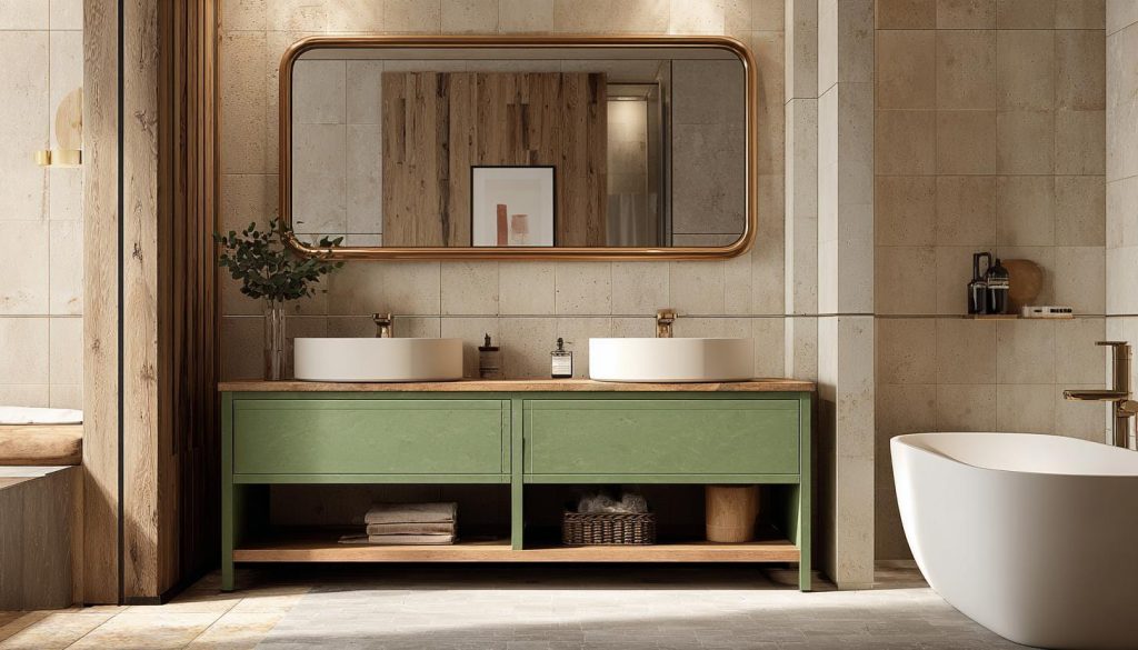 Elegant bathroom vanity cabinet designs with double sink and green storage unit