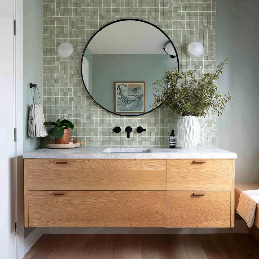 Bathroom wood cabinet designs with floating vanity and round mirror on tiled wall