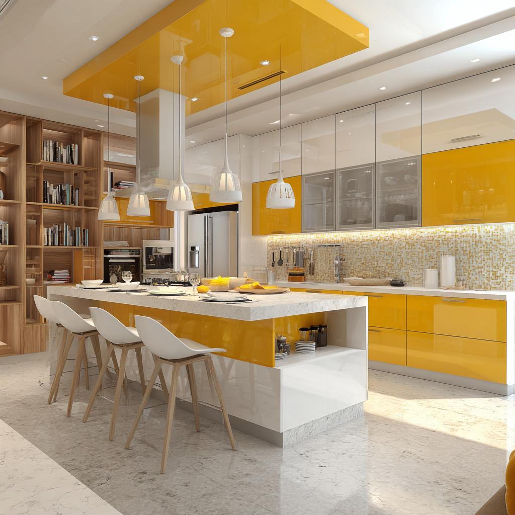 Vibrant kitchen pop design plus minus with glossy yellow ceiling panel and modern island