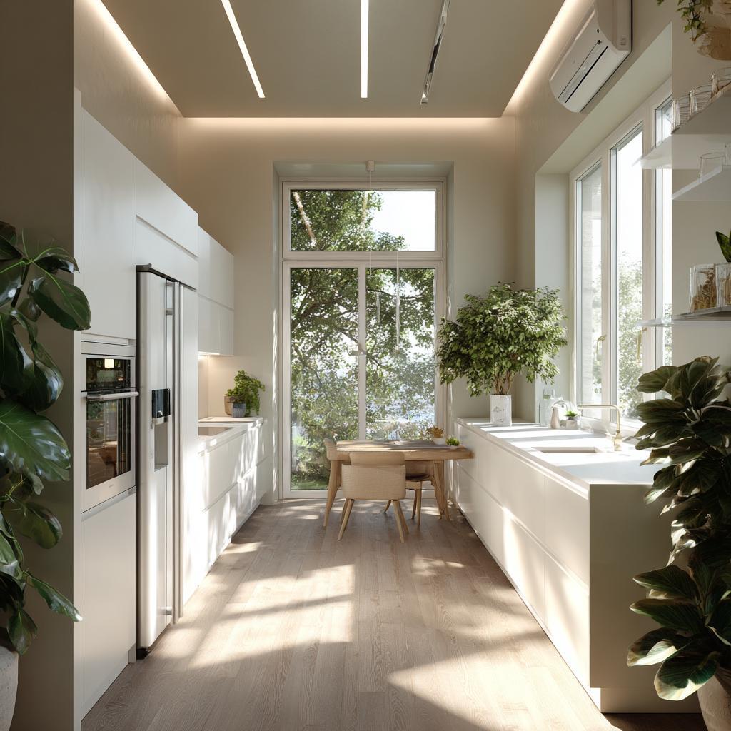 Elegant simple kitchen pop design with linear ceiling lights and bright modern interior