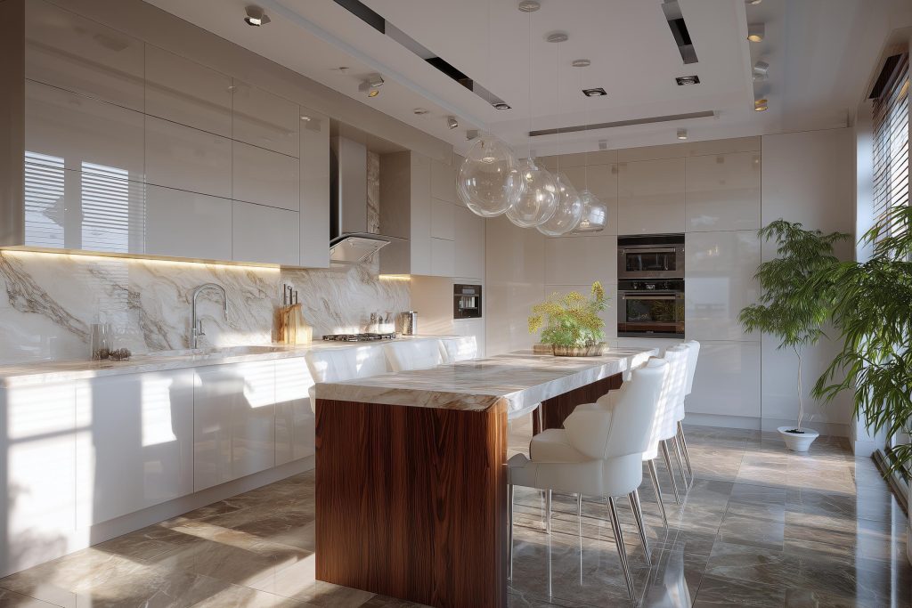 Elegant kitchen pop design plus minus with layered ceiling panels and modern glass lights