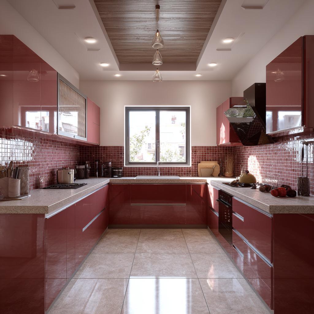 Elegant small kitchen pop design with glossy red cabinets and wooden ceiling panel