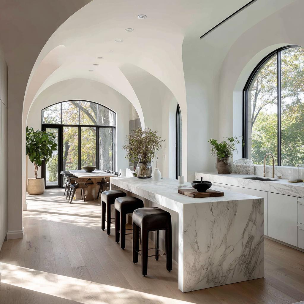 Luxury kitchen pop arch design with grand curved ceiling and marble island