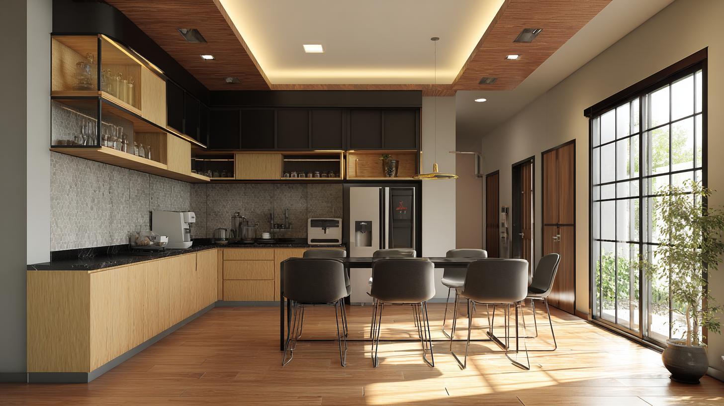 Modern kitchen pop fall ceiling design with wooden panel detail and warm hidden lighting
