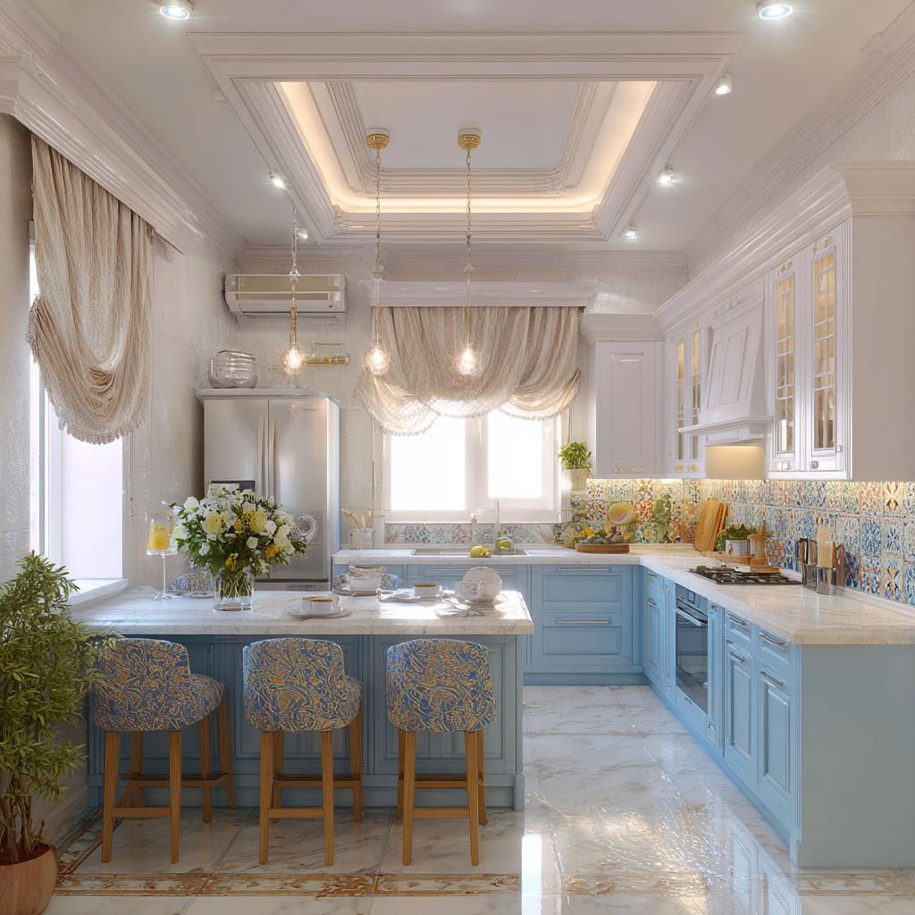 Luxury kitchen pop ceiling design with elegant layered molding and warm hanging lights