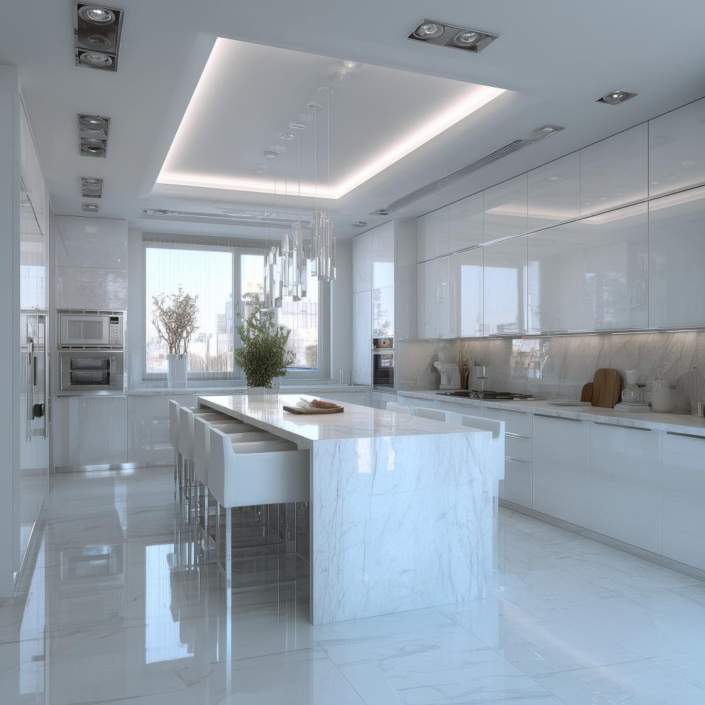 Small kitchen pop design with marble island, glossy cabinets and luxury ceiling lights
