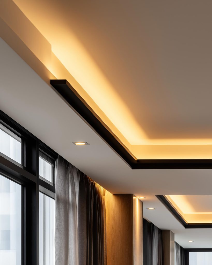 Modern pop design for kitchen roof with recessed lighting and warm ambient glow