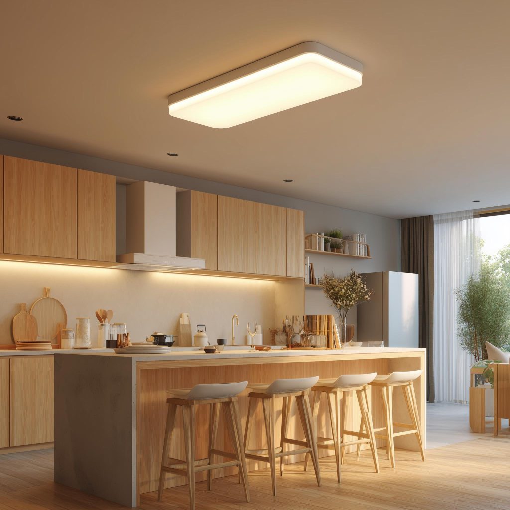 Modern kitchen pop design simple with wooden cabinets and warm ambient ceiling lighting